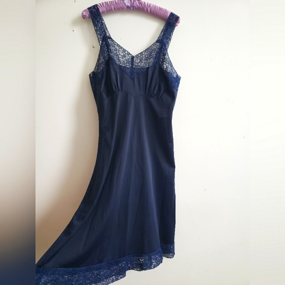 Vintage Navy Lace Trim Nightgown